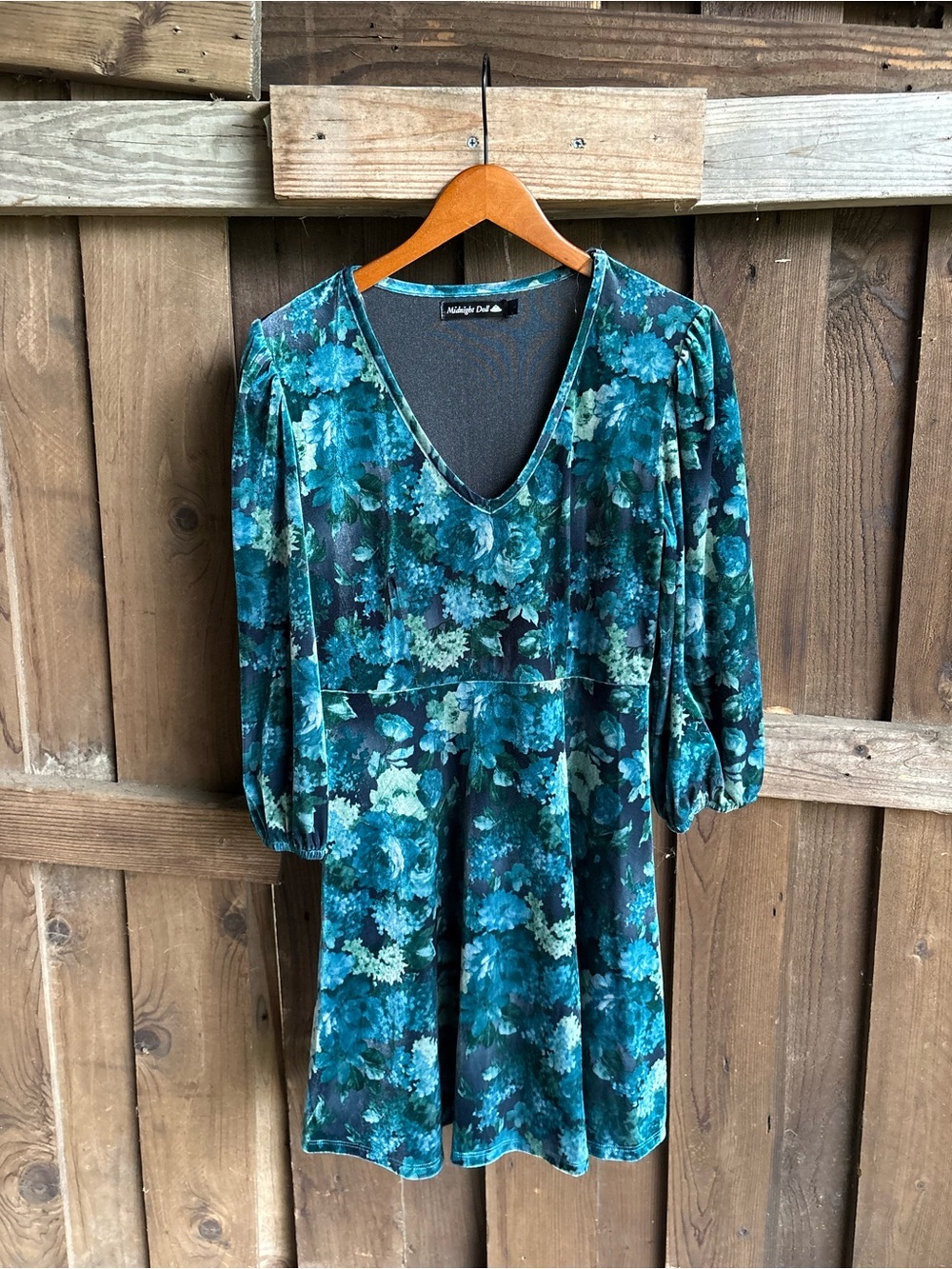 Midnight Doll Teal Floral Whimsigoth Velvet Mini Dress